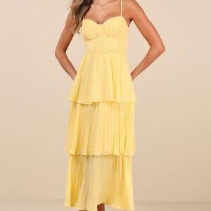 Lulus Cascading Crush Yellow Tiered Bustier Midi Dress - Size M